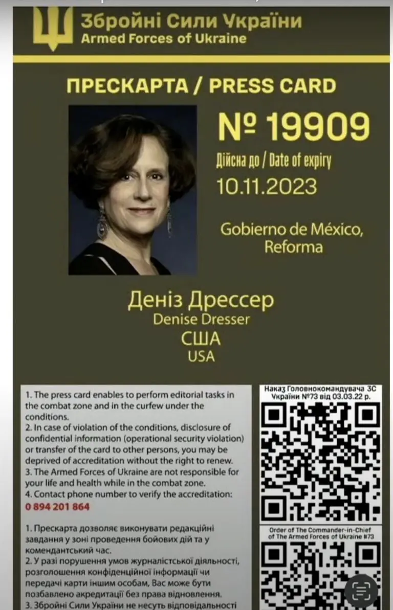 Acreditación de Denise Dresser en Ucrania. Créditos: Gobierno de México