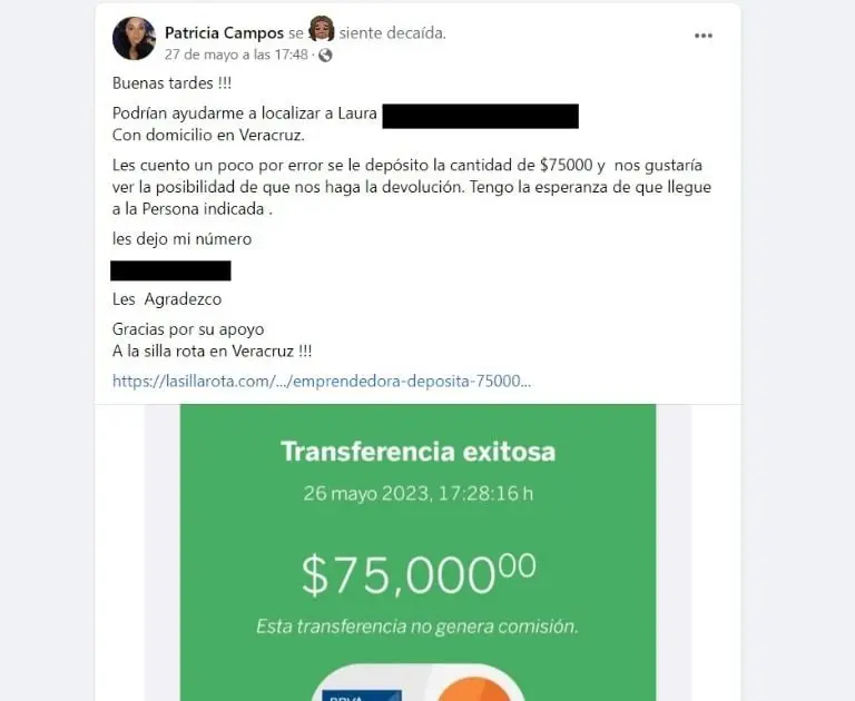 Mujer se equivoca en transferencia (Facebook)