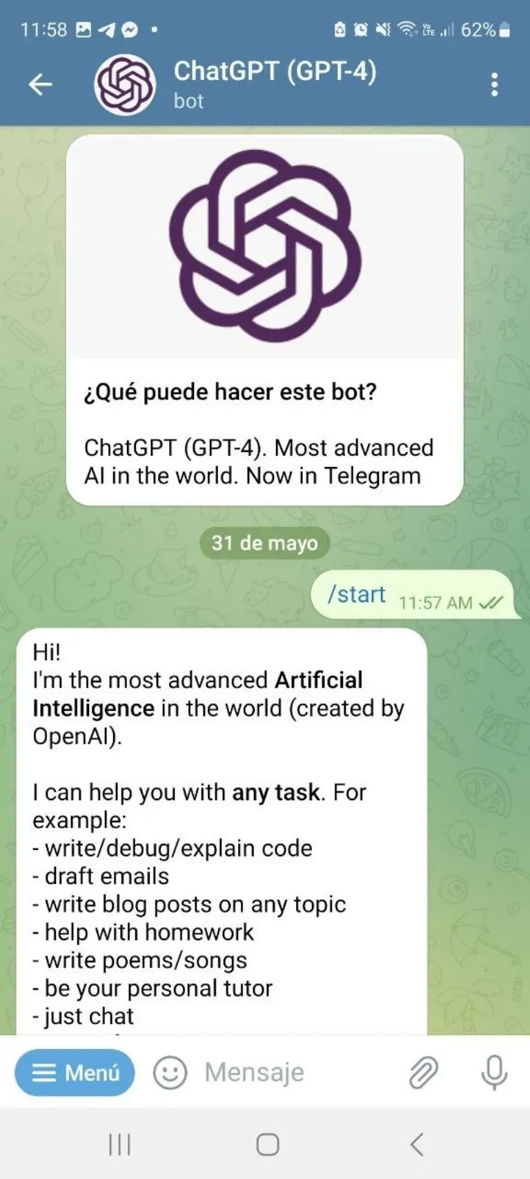 ChatGPT para Telegram - Captura de pantalla