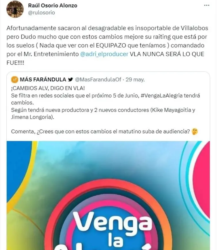 Raúl Osorio arremete contra Venga la Alegría (Twitter)
