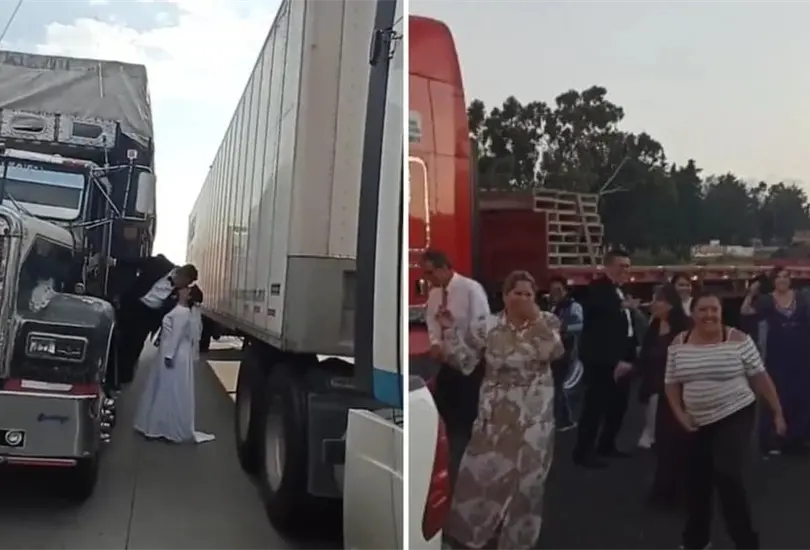 Novios aprovechan bloqueo y se casan en la autopista M&eacute;xico-Puebla. 