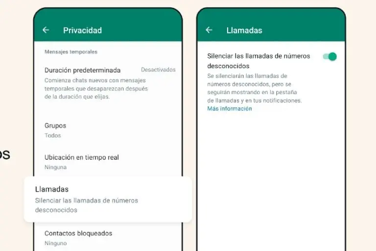 Silenciar llamadas de desconocidos en WhatsApp.
