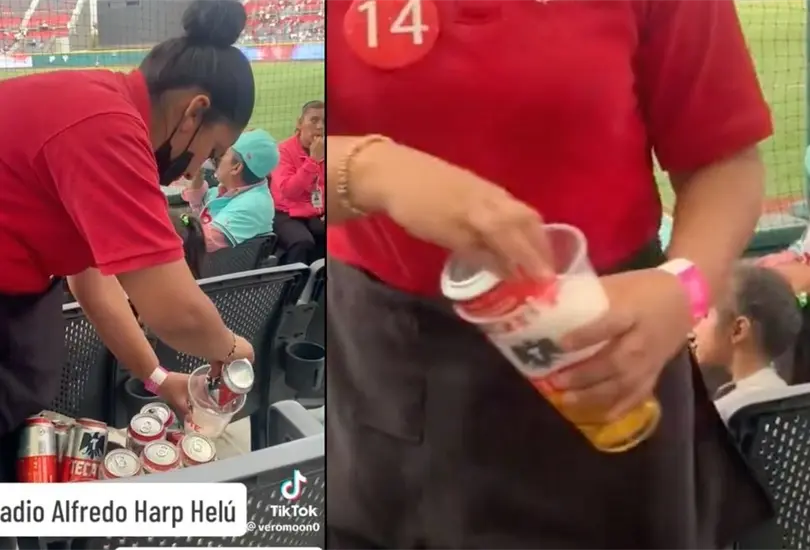 VIDEO Vendedora rellena cerveza con vasos usados en estadio de b&eacute;isbol. 