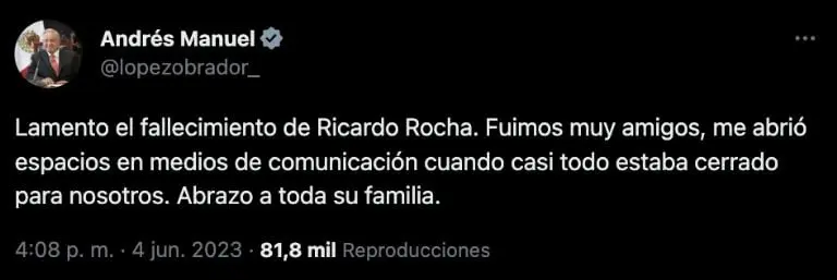 AMLO recuerda a Ricardo Rocha. Foto: Twitter (@lopezobrador_)