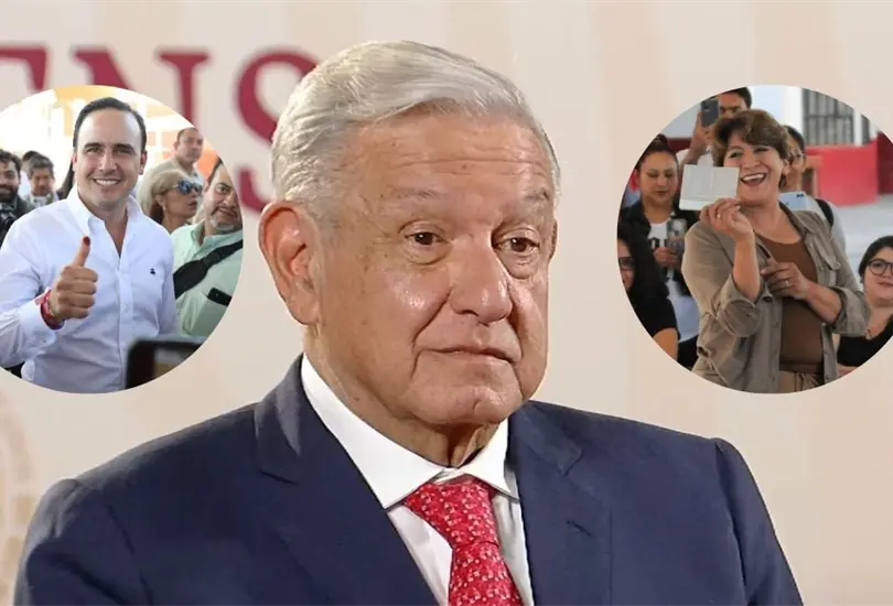 AMLO felicita a Delfina G&oacute;mez y Manolo Jim&eacute;nez por ganar las elecciones 2023. 