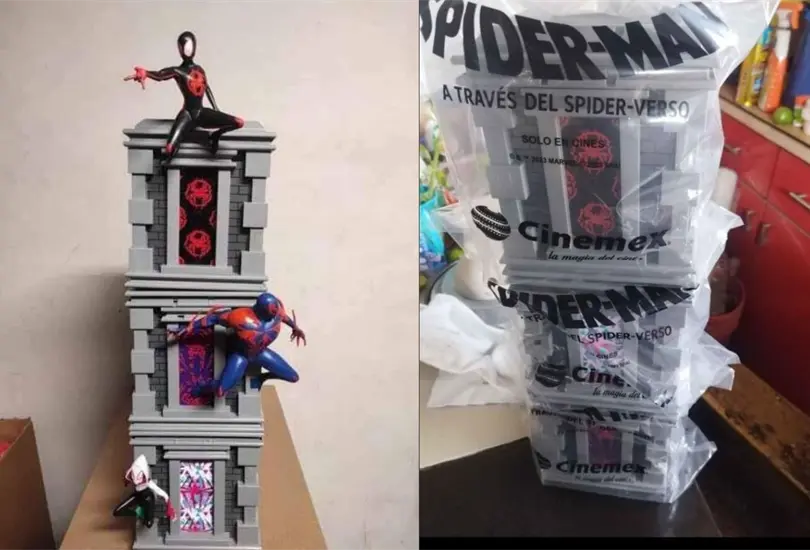 Las palomeras que lanzó Cinemex tienen forma de cubo y están dedicadas a los tres personajes principales de la cinta del trepamuros: Spider-Man (Miles Morales), Spider-Gwen y Spider-Man 2999. Las palomeras que lanzó Cinemex tienen forma de cubo y están dedicadas a los tres personajes principales de la cinta del trepamuros: Spider-Man (Miles Morales), Spider-Gwen y Spider-Man 2999.