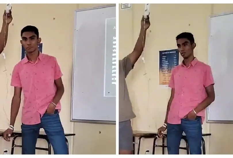 Estudiante acude con suero a exponer