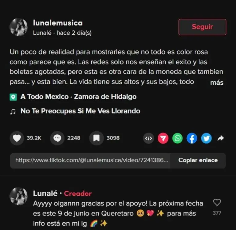 Lunalé agradece apoyo en redes (TikTok)