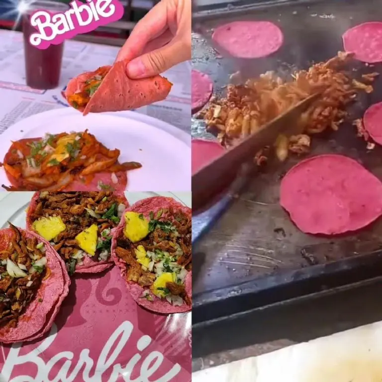 Las tortillas rosa le dan el toque Barbie a estos taquitos al pastor. Fuente: Facebook
