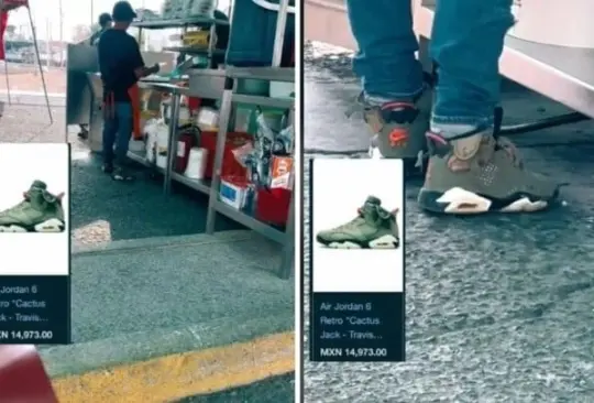 Taquero deslumbra a clientes con tenis de miles de pesos. 