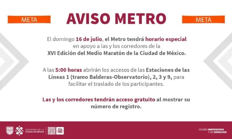 Medio Maratón CDMX 2023: Metro y Metrobús anuncian horario especial en estas estaciones. Créditos: Metro