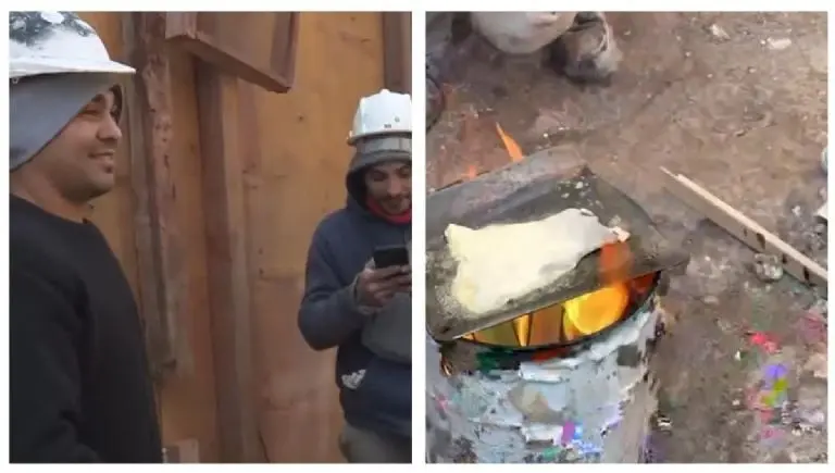 Albañiles cocinan con una cubeta (TikTok)