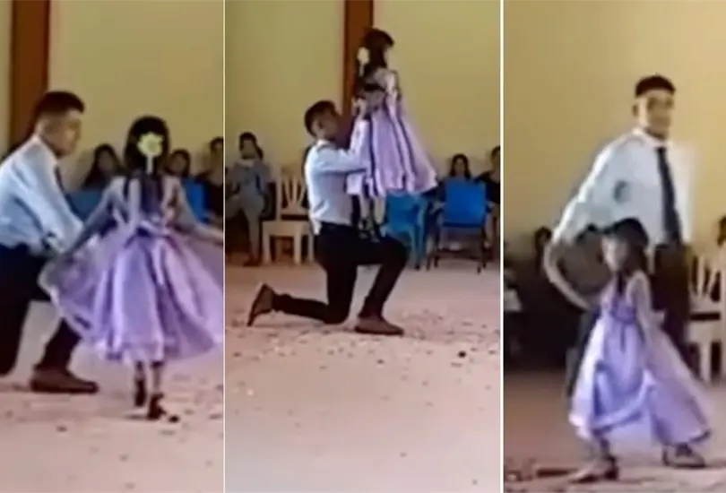 El maestro y la alumna bailaron un vals durante el cierre de curso.