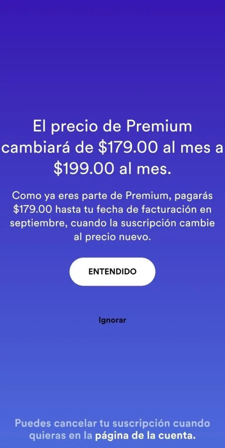Spotify aumenta precios - Captura de pantalla