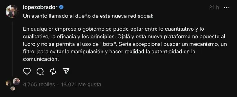 AMLO abre su cuenta de Threads y manda mensaje a Mark Zuckerberg. Foto: Gobierno de México