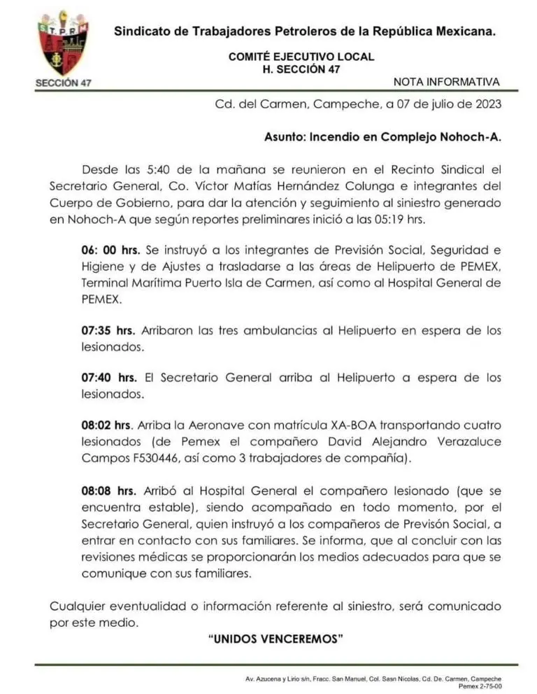 Sindicato de PEMEX muestra su apoyo tras incendio en plataforma de Campeche. Foto: STPM