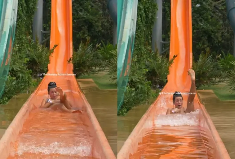 Bikini juega mala pasada a mujer en tobogán Bikini juega mala pasada a mujer en tobogán