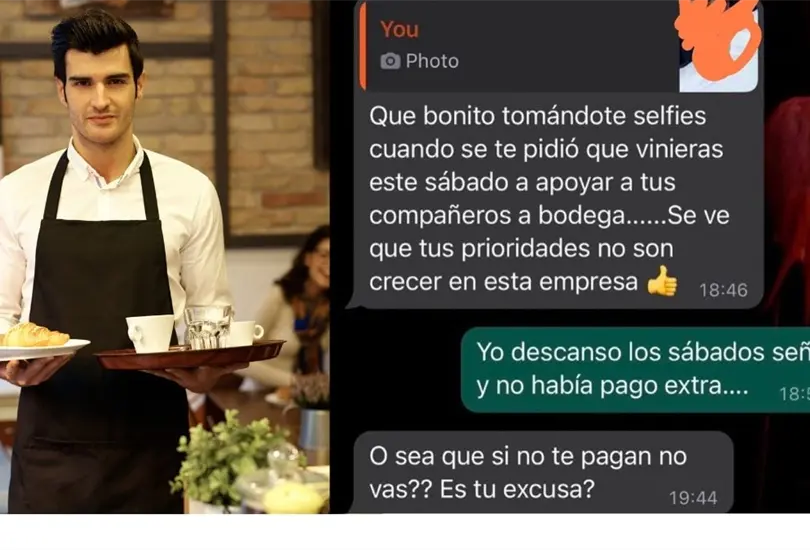 Dueño de hotel reclama a empleado por no atender a clientes en su día de descanso. Dueño de hotel reclama a empleado por no atender a clientes en su día de descanso.