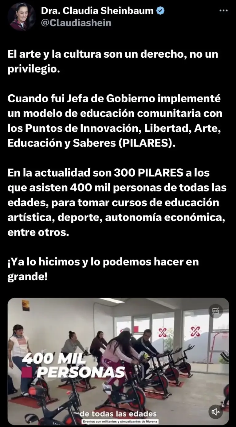 ´El arte y la cultura son un derecho, no un privilegio´: Sheinbaum Créditos: Twitter