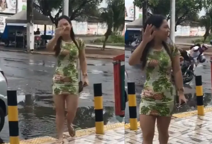La joven caminaba con su vestido corto y de pronto ocurri&oacute; un accidente justo detr&aacute;s de ella