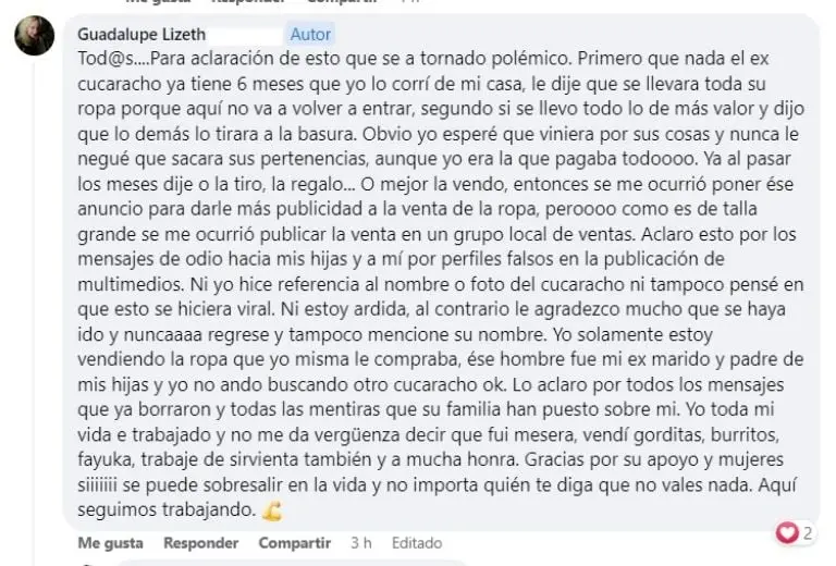 Mujer vende la ropa de su exmarido (Facebook)