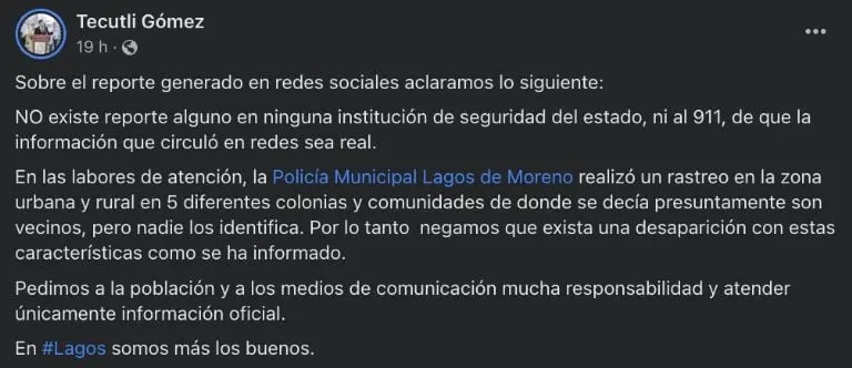 Alcalde de Lagos de Moreno desmiente desaparición de otros 5 jóvenes. Foto: Facebook