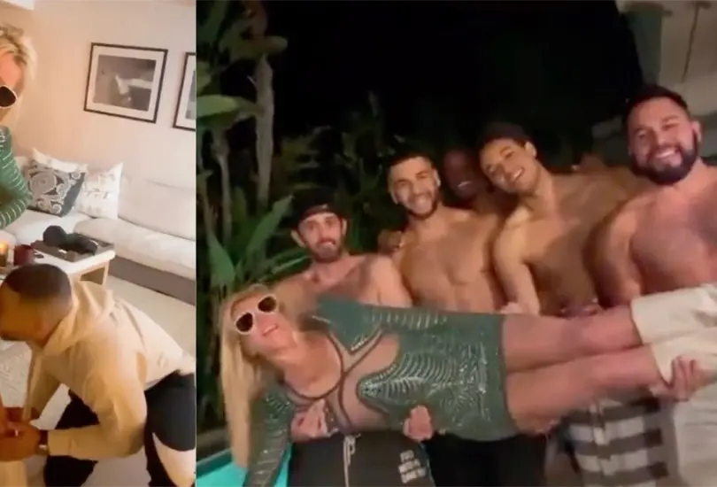 Britney Spears celebra divorcio con cinco hombres sin camisa y uno se aprovecha. Britney Spears celebra divorcio con cinco hombres sin camisa y uno se aprovecha.