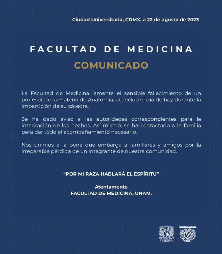 Fallece profesor en plena clase en la facultad de Medicina. Foto: UNAM