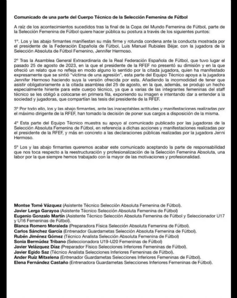 Comunicado emitido por la Selección Española Créditos: Twitter