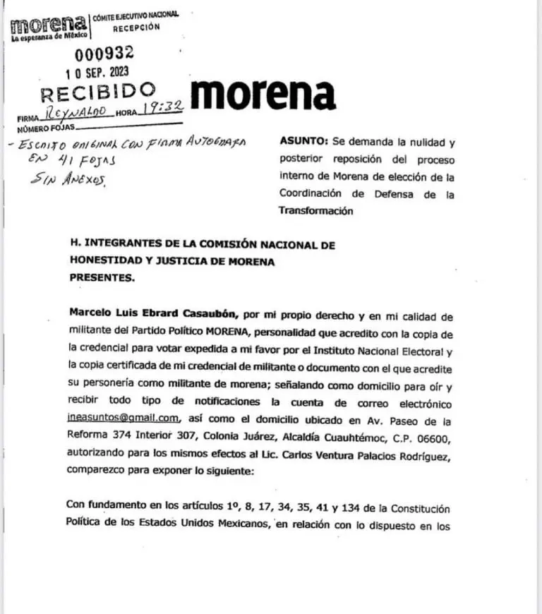 Ebrard impugna elección de aspirante de Morena y pide que se repita la encuesta. Foto: Morena