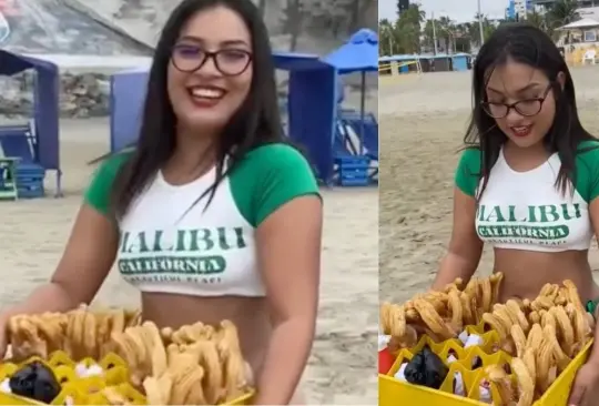 Vendedora de churros en la playa se hace viral por vender en bikini. 