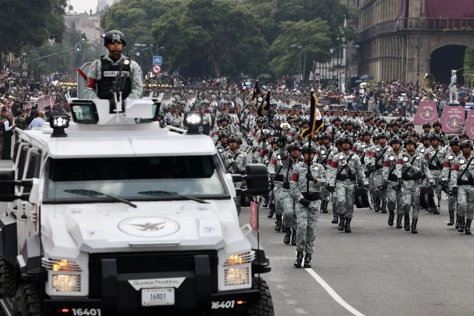 En el desfile participaron 587 vehículos, 100 aeronaves, 453 caballos, 36 aves y 172 canes entrenados. 