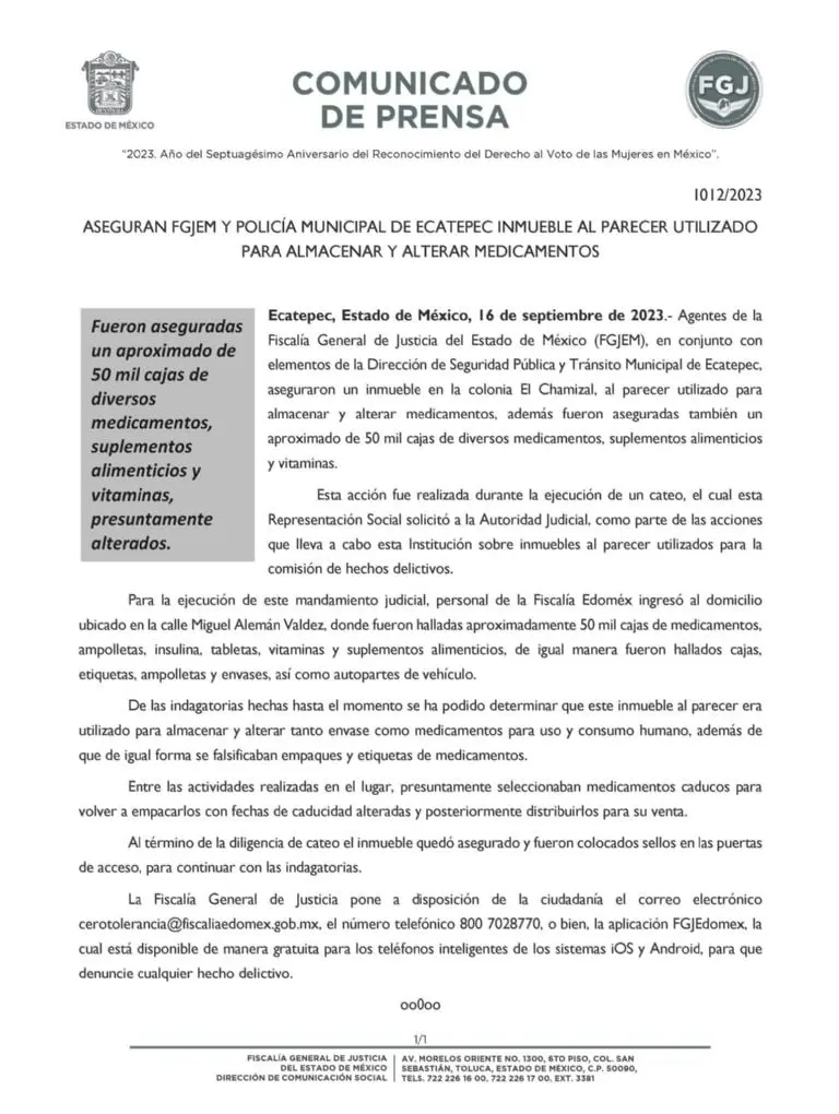 ¿Qué se sabe del laboratorio clandestino con medicamentos falsos encontrado en El Chamizal? Créditos: Fiscalía Edoméx