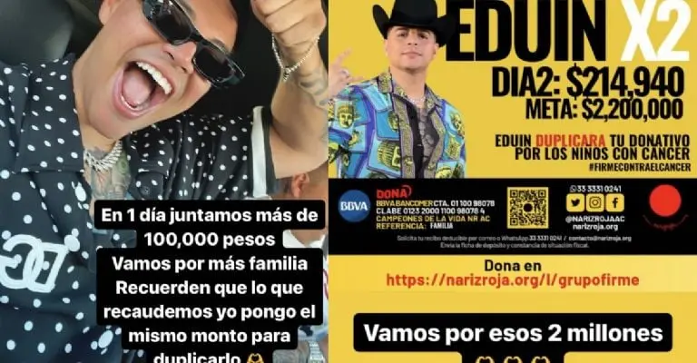 Eduin Caz de Grupo Firme invita a sus fans a donar a Nariz Roja ´Si ponen un millón, yo pongo otro´ Créditos: IG Eduin Caz
