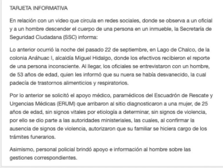 Aclara SSC situación en video viral de descenso de cuerpo en Anáhuac Créditos: Captura de pantalla