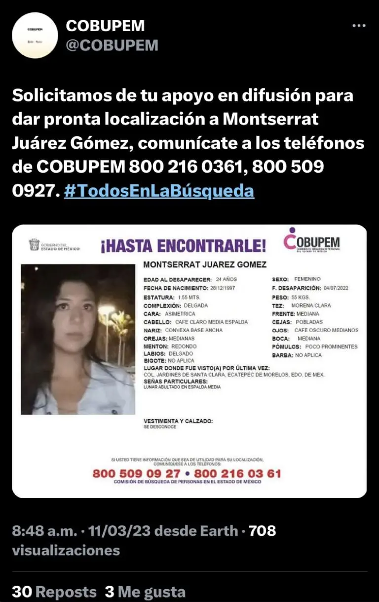 Caso Montserrat Juárez Gómez: Esto sabemos del presunto feminicidio en la alcaldía Miguel Hidalgo Créditos: X (Twitter)