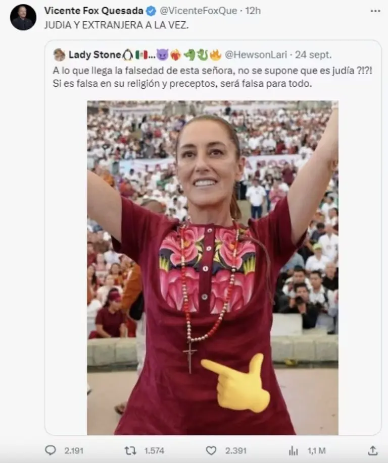 Vicente Fox: ¿Cuántas veces ha insultado a Claudia Sheinbaum por ser judía? Foto: Twitter
