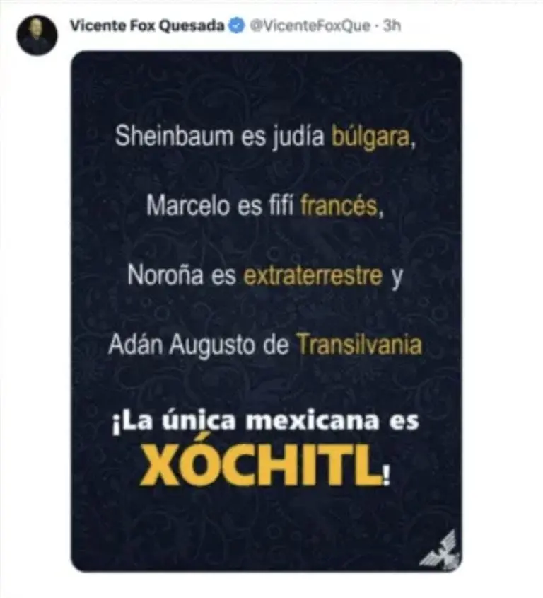 Vicente Fox: ¿Cuántas veces ha insultado a Claudia Sheinbaum por ser judía? Foto: Twitter