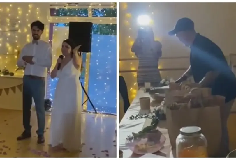 Novios dan hamburguesas en su boda