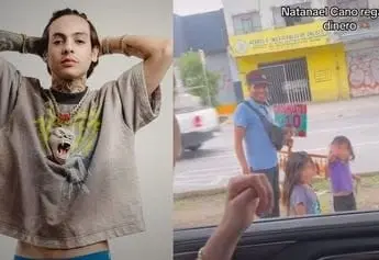 Natanael Cano regala dinero a ni&ntilde;a en la calle. 