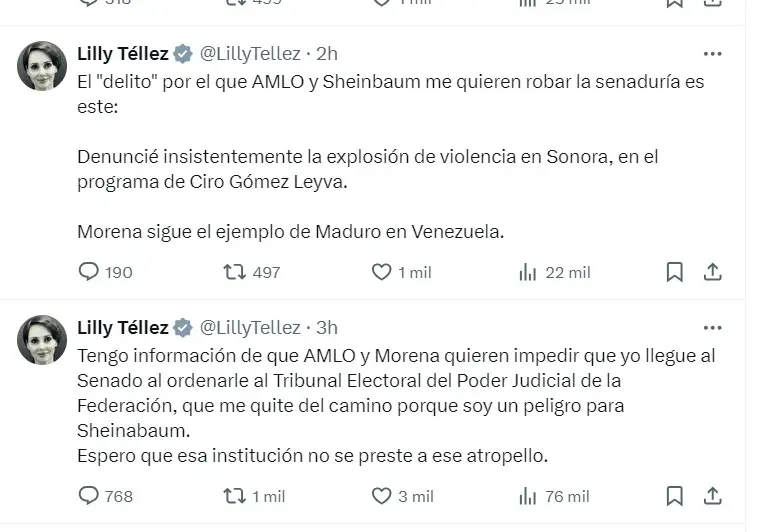 Tunden a Lilly Téllez en redes sociales Captura de pantalla