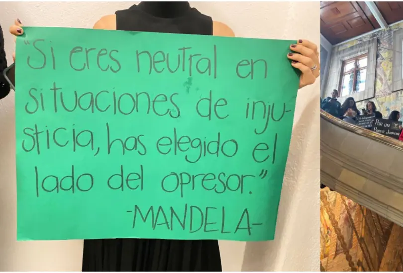 Las pancartas y gritos fueron parte de la protesta dentro de la Corte. Las pancartas y gritos fueron parte de la protesta dentro de la Corte.