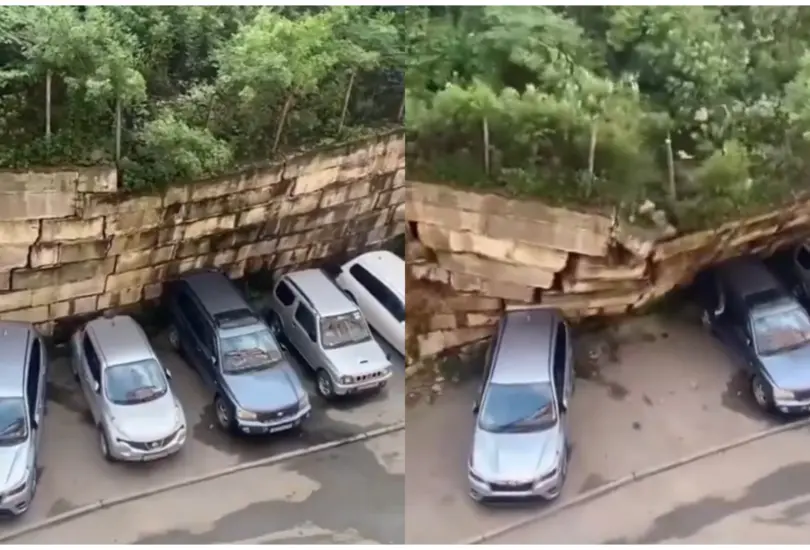 La barda comenzaba a tambalearse cuando la mujer decidió mover su auto. La barda comenzaba a tambalearse cuando la mujer decidió mover su auto.