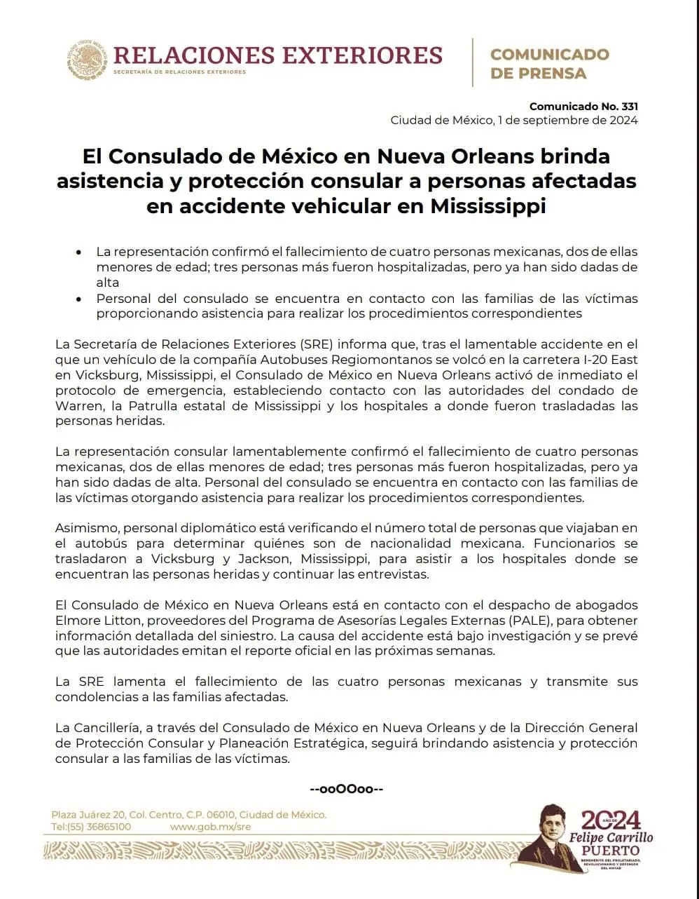 SRE confirma muerte de cuatro mexicanos en accidente en Mississippi Especial