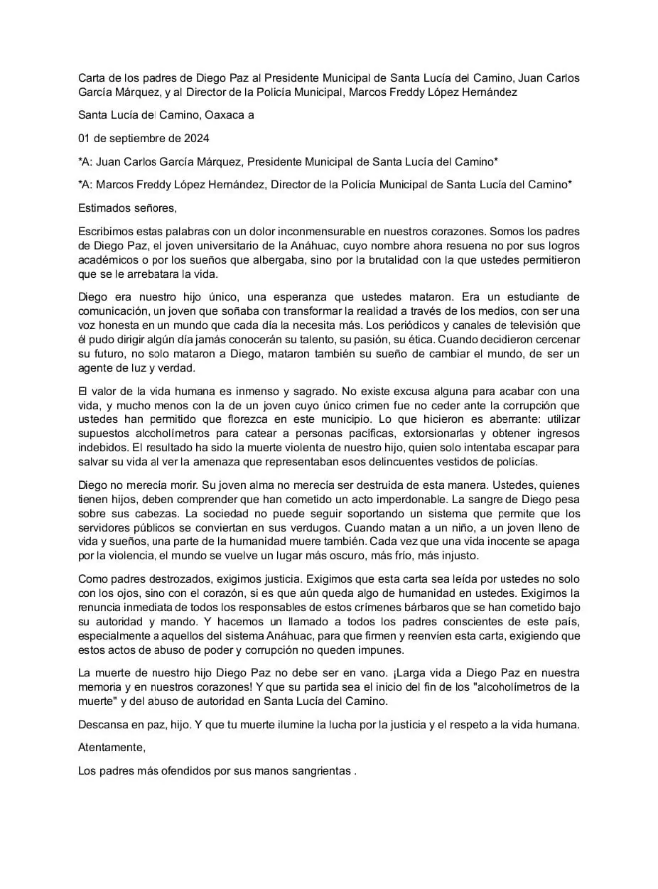 Carta enviada a autoridades por familia de Diego Especial