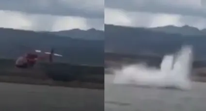 VIDEO: Momento exacto en que helicóptero cae en presa Chihuahua; tripulación sobrevive de milagro