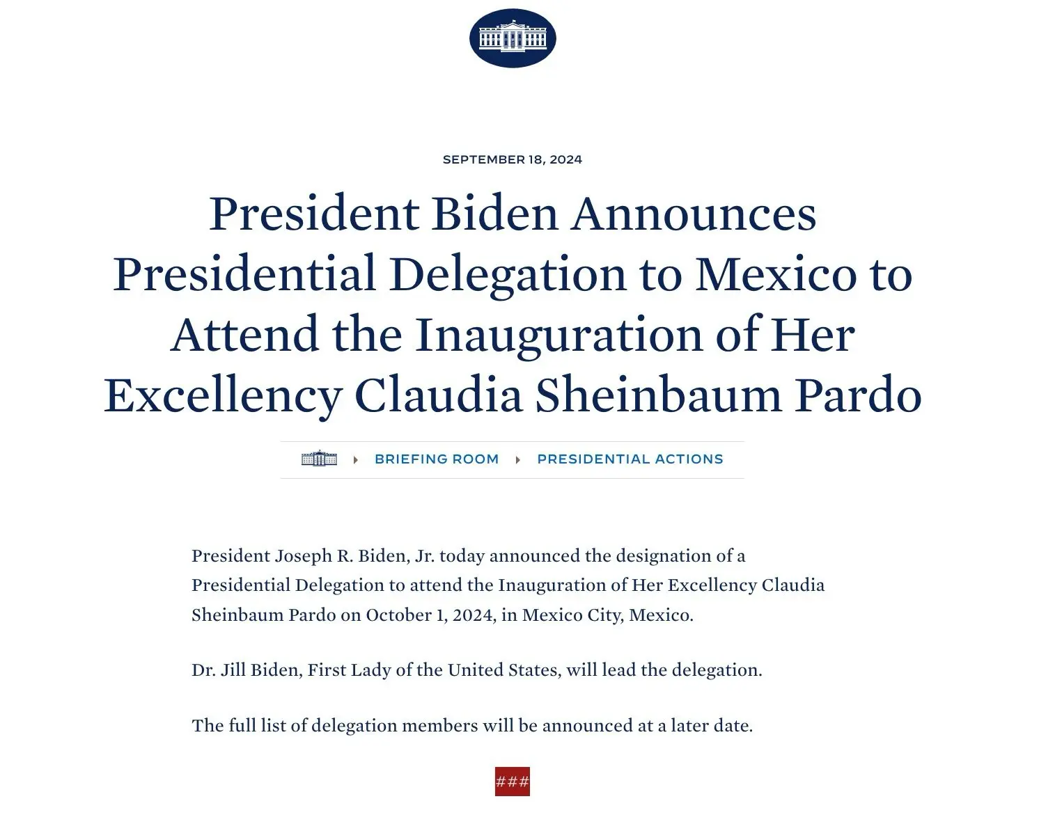 Comunicado donde se anunció la visita X @POTUS