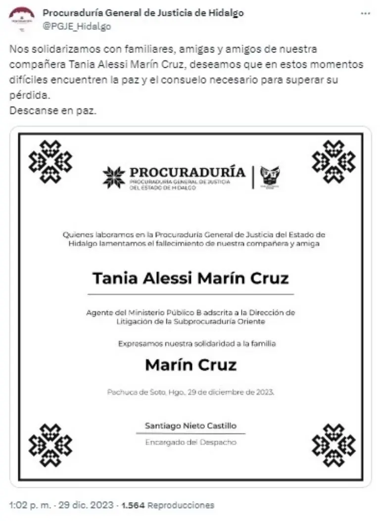 La Procuraduría General de Justicia de Hidalgo lamentó el fallecimiento de la modelo y agente del MP Tania Alessi Marín.Foto: X/ @PGJE_Hidalgo