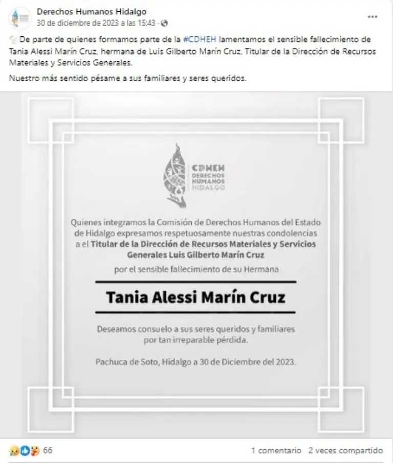 La CDH de Hidalgo lamentó el fallecimiento de la modelo y agente del MP Tania Alessi Marín.Foto: Meta/ @CDHEHidalgo