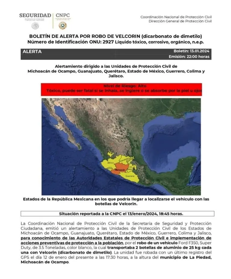 Protección Civil emite alerta nacional por robo de botellas con Velcorin